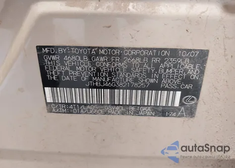 2008 Lexus Es 350 from USA, damaged, VIN JTHBJ46G382178257